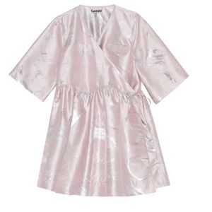 GANNI Pink Metallic Jacquard Mini Wrap Dress